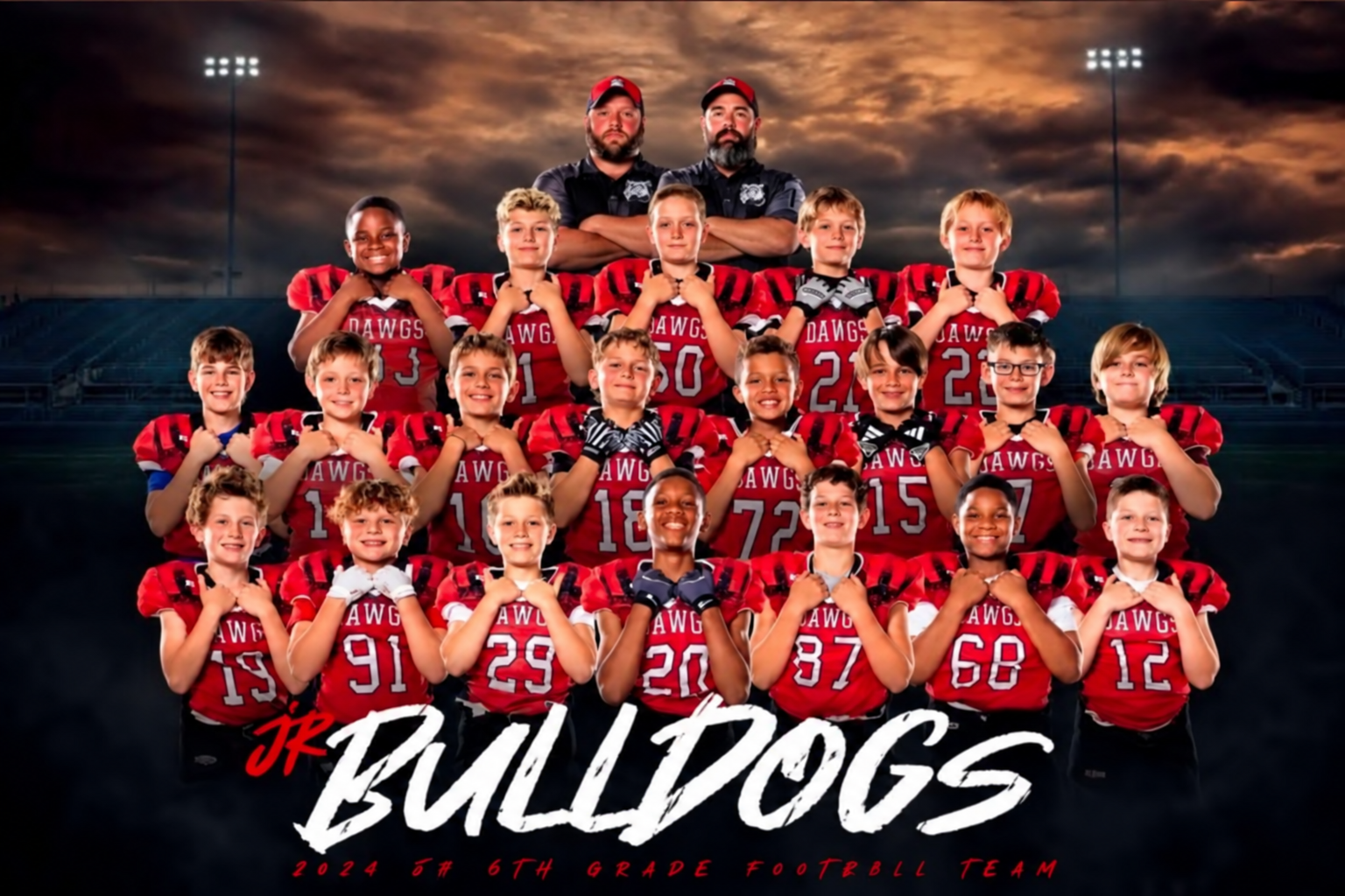 2024 Junior Bulldogs sixth-grade football team with two coaches